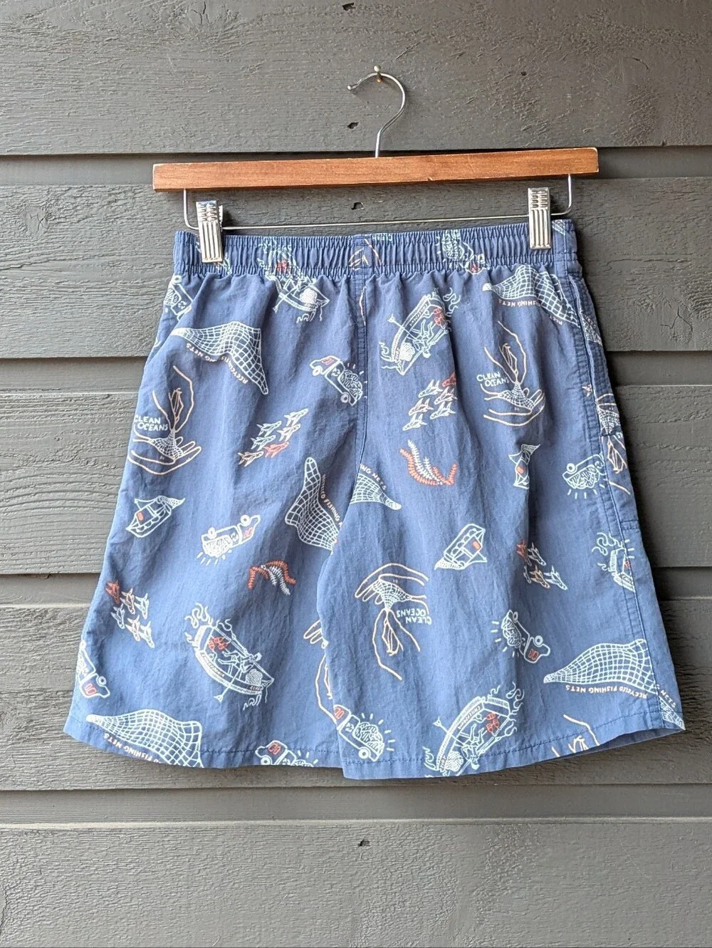Patagonia Boys' Baggies Clean Oceans Blue Printed Swim Trunks Size Large